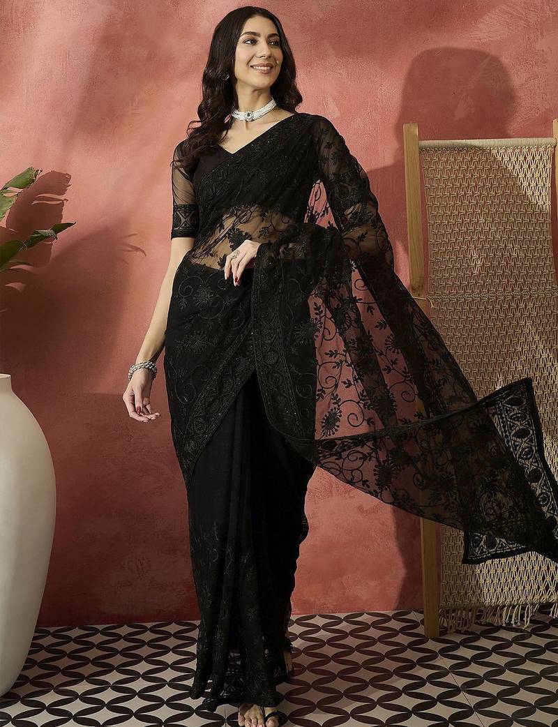 Black embroidered net saree with unstitched blouse