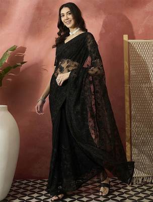 Black embroidered net saree with unstitched blouse 2