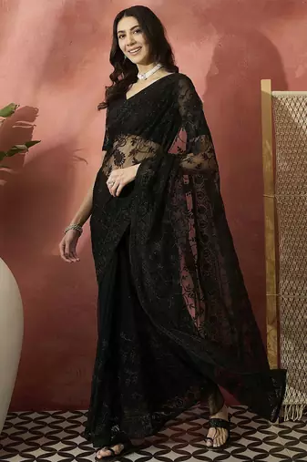 Black embroidered net saree with unstitched blouse