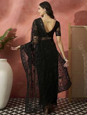 Black embroidered net saree with unstitched blouse 3
