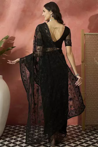 Black embroidered net saree with unstitched blouse