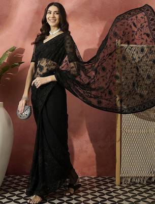 Black embroidered net saree with unstitched blouse 4