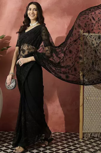 Black embroidered net saree with unstitched blouse