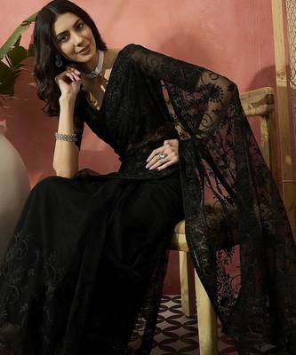 Black embroidered net saree with unstitched blouse 5