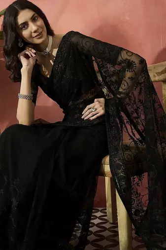 Black embroidered net saree with unstitched blouse