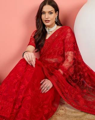 Red embroidered net saree with unstitched blouse 1