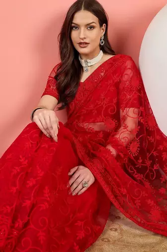 Red embroidered net saree with unstitched blouse