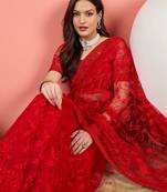 Red embroidered net saree with unstitched blouse