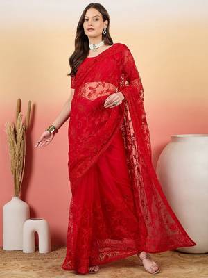 Red embroidered net saree with unstitched blouse 2