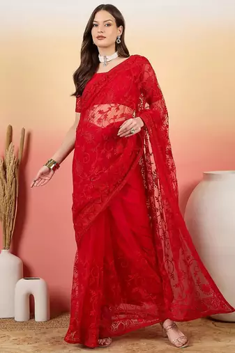Red embroidered net saree with unstitched blouse