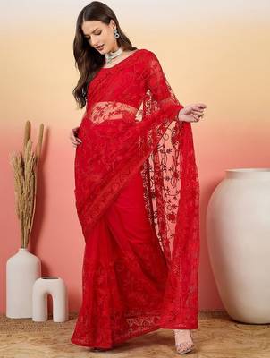 Red embroidered net saree with unstitched blouse 3