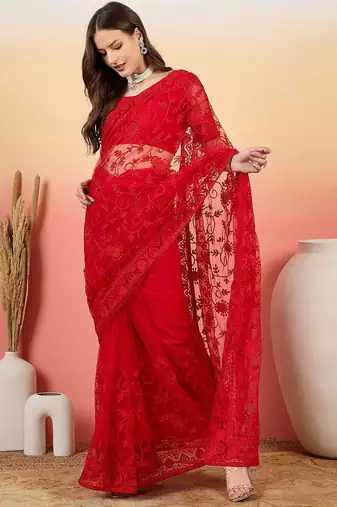 Red embroidered net saree with unstitched blouse