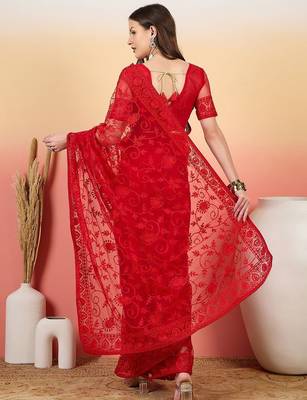Red embroidered net saree with unstitched blouse 4