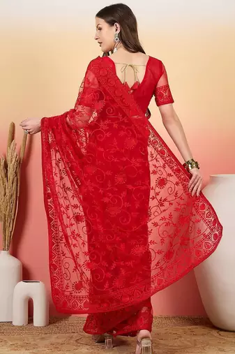Red embroidered net saree with unstitched blouse