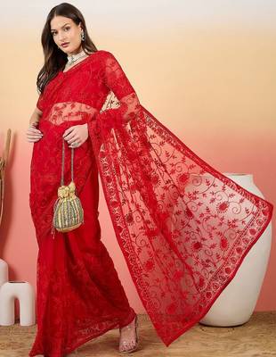 Red embroidered net saree with unstitched blouse 5