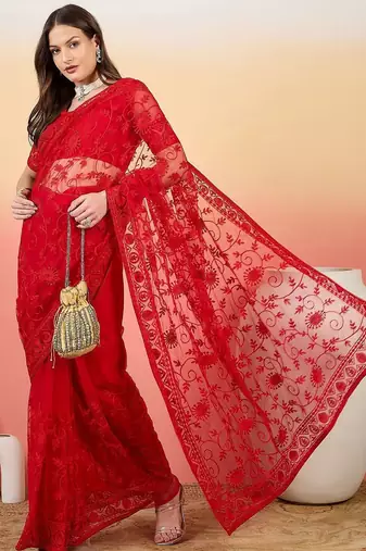 Red embroidered net saree with unstitched blouse