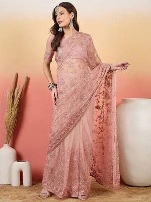 Pink embroidered net saree with unstitched blouse 1