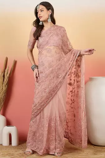 Pink embroidered net saree with unstitched blouse