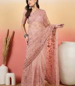 Pink embroidered net saree with unstitched blouse