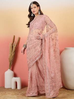 Pink embroidered net saree with unstitched blouse 2
