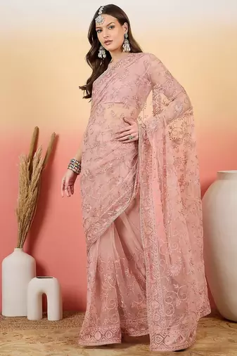 Pink embroidered net saree with unstitched blouse