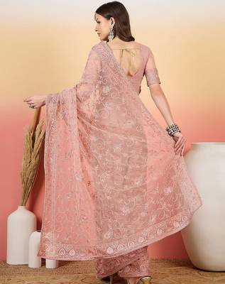 Pink embroidered net saree with unstitched blouse 3