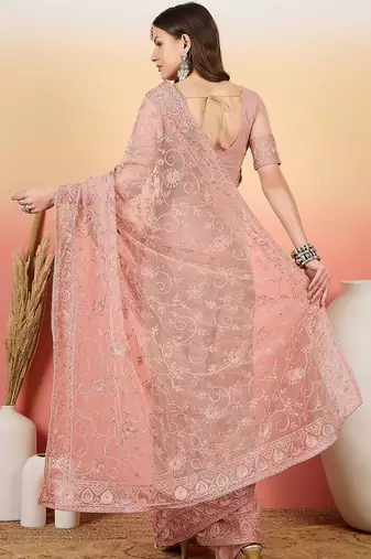 Pink embroidered net saree with unstitched blouse