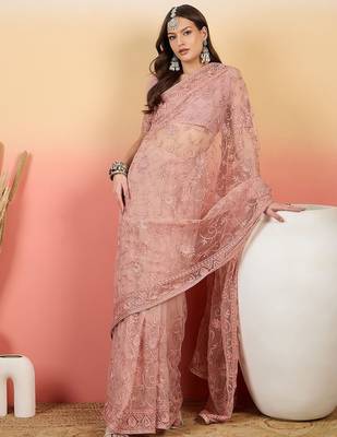 Pink embroidered net saree with unstitched blouse 4