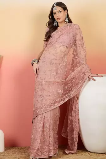 Pink embroidered net saree with unstitched blouse