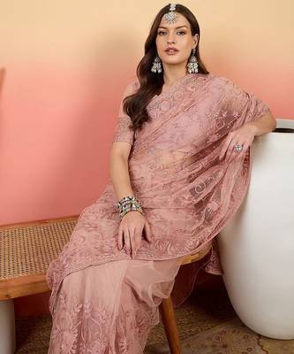 Pink embroidered net saree with unstitched blouse 5