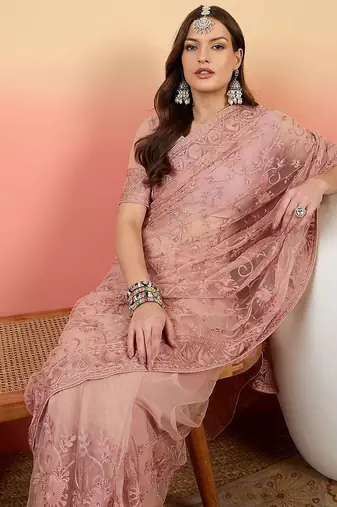 Pink embroidered net saree with unstitched blouse