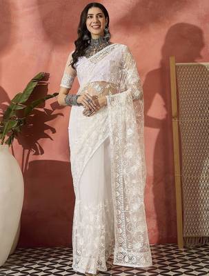 White embroidered saree with blouse piece 1