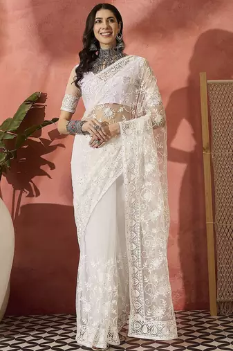 White embroidered saree with blouse piece