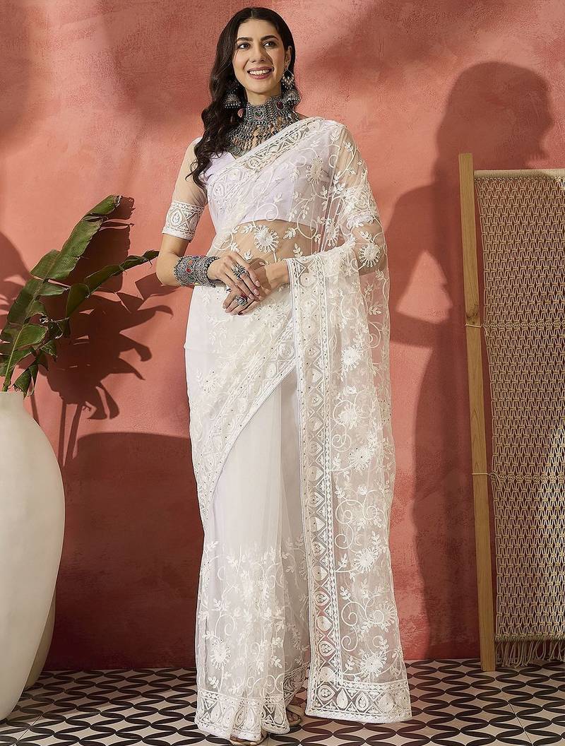 White embroidered saree with blouse piece