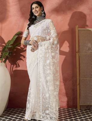 White embroidered saree with blouse piece 2