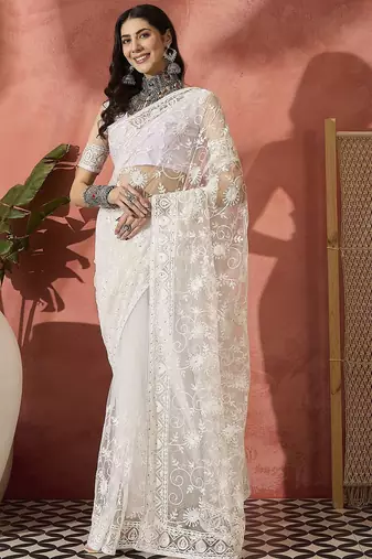White embroidered saree with blouse piece