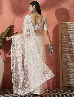 White embroidered saree with blouse piece 3
