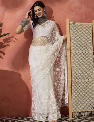 White embroidered saree with blouse piece 4