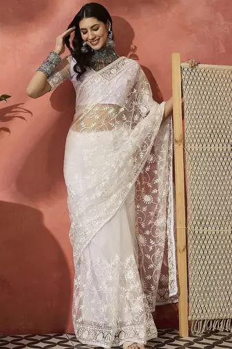 White embroidered saree with blouse piece