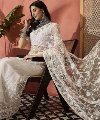 White embroidered saree with blouse piece 5