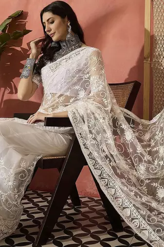 White embroidered saree with blouse piece