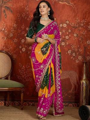 Pink bandhani embroidered  georgette saree 1