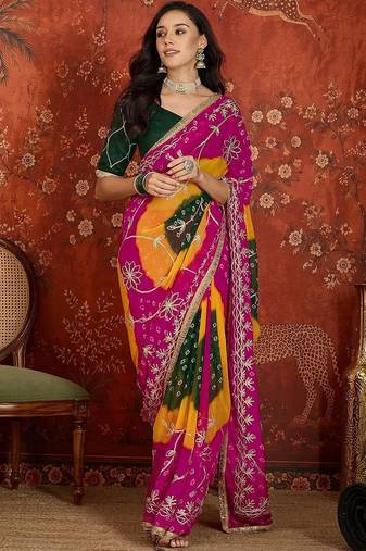 Pink bandhani embroidered  georgette saree