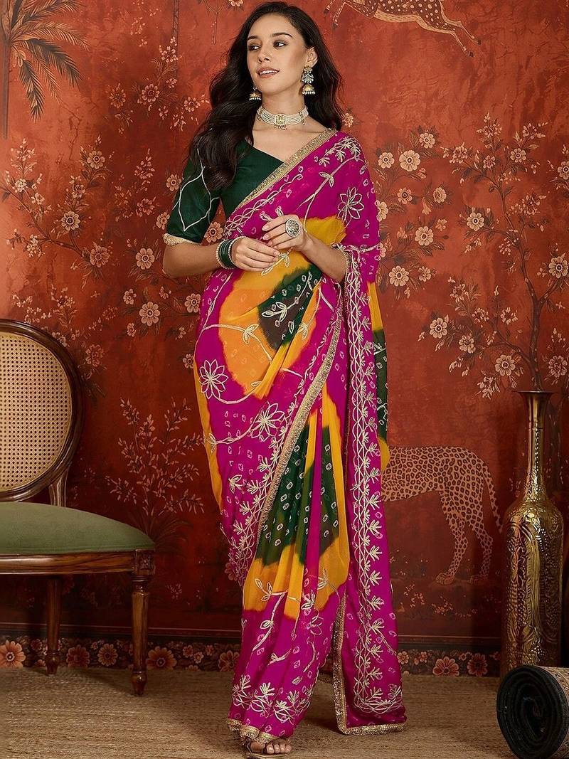 Pink bandhani embroidered  georgette saree