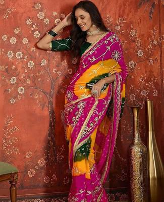 Pink bandhani embroidered  georgette saree 2