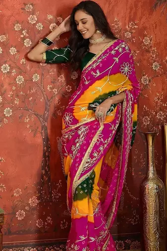 Pink bandhani embroidered  georgette saree