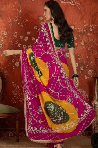 Pink bandhani embroidered  georgette saree