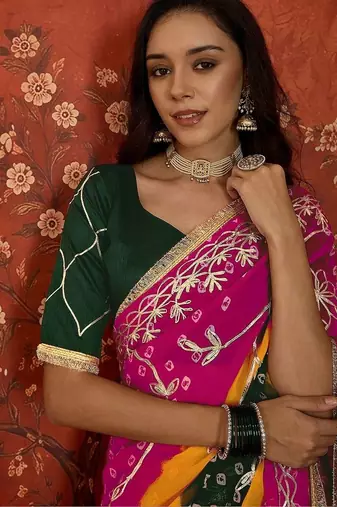 Pink bandhani embroidered  georgette saree
