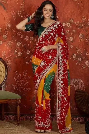 Multicolor bandhani embroidered  georgette saree