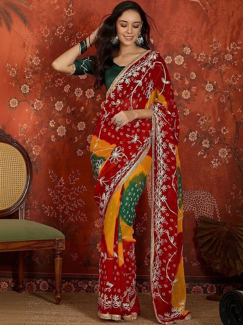 Multicolor bandhani embroidered  georgette saree